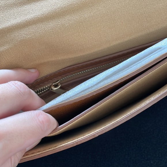 Studded clutch wristlet in camel with gold tone pyramid studs. NWT - Picture 4 of 5